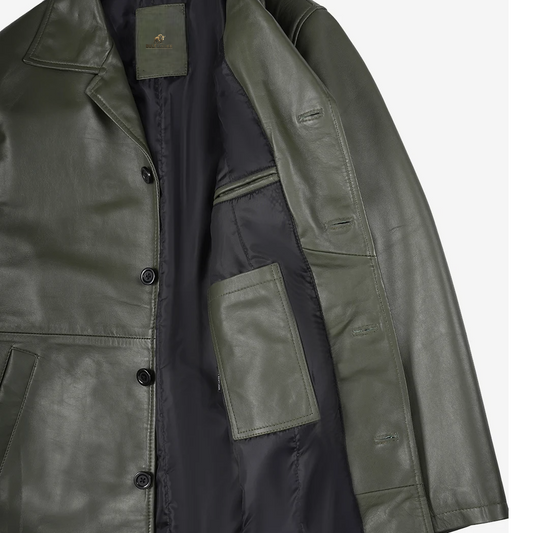 Men’s Olive Green 3/4 Length Leather Car Coat