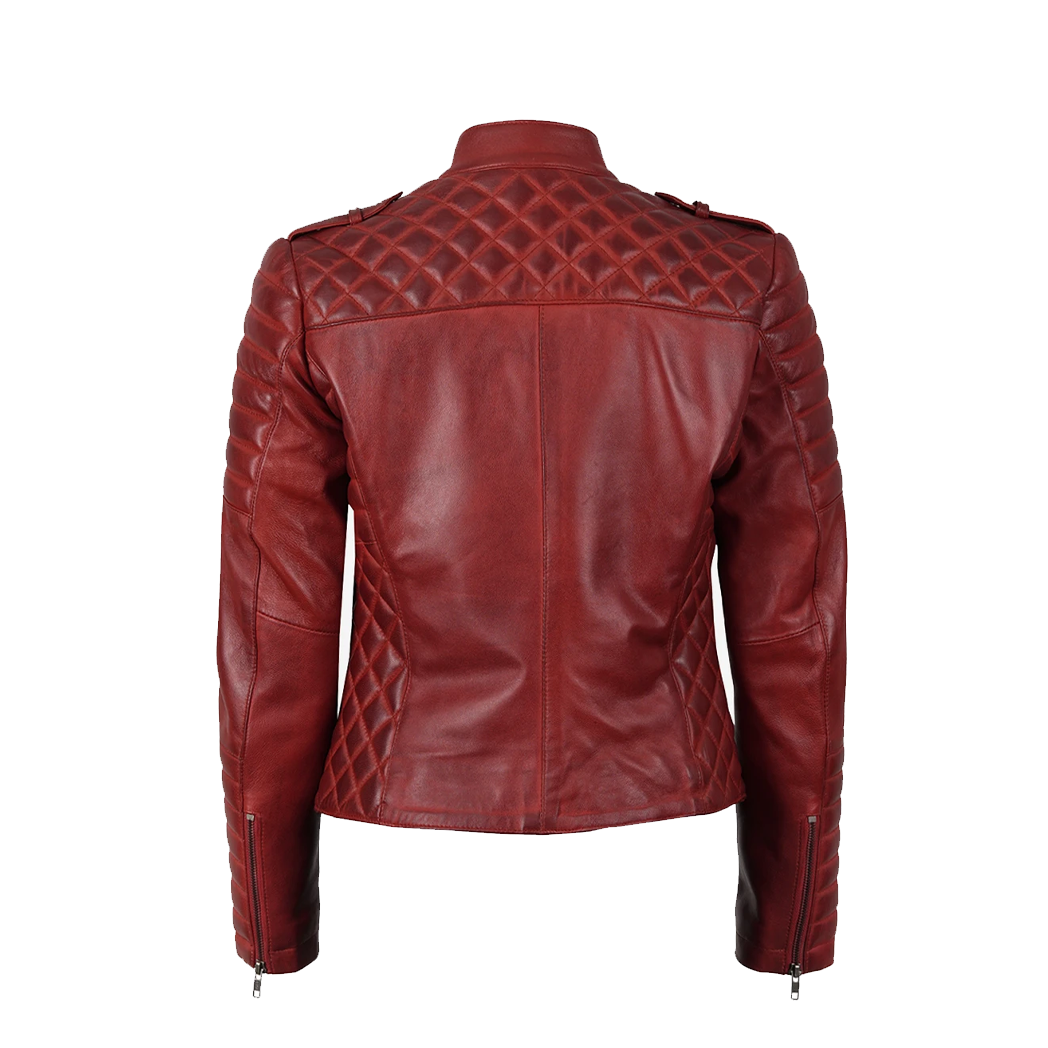 Women’s Red Asymmetrical Padded Leather Biker Style Jacket