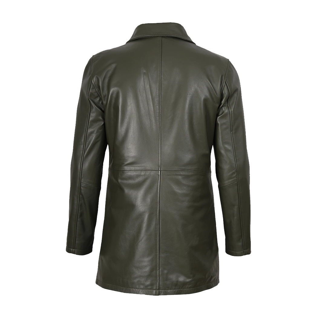 Men’s Olive Green 3/4 Length Leather Car Coat