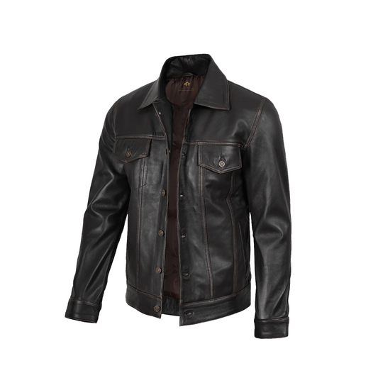 Men’s Distressed Brown Leather Trucker Jacket
