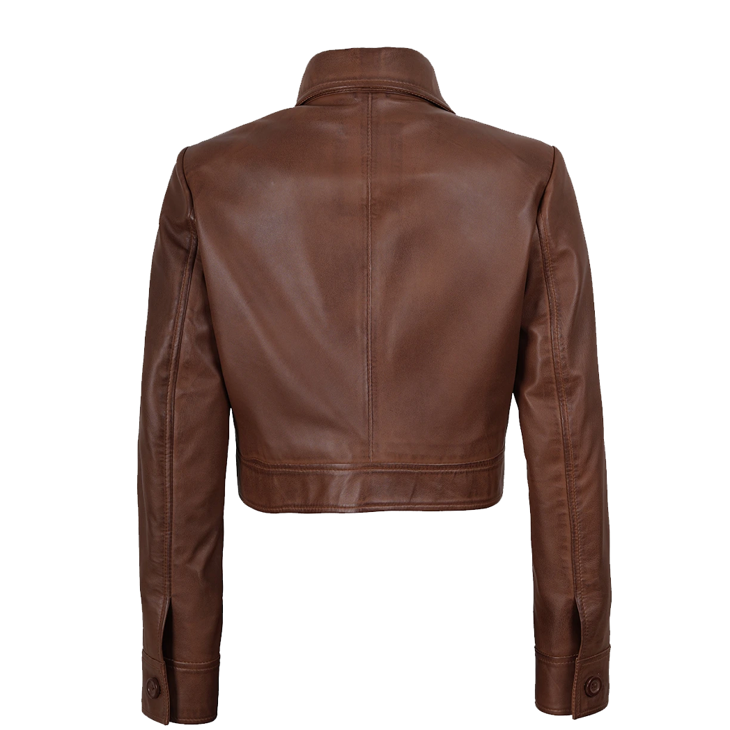 Womens Real leather Cropped Brown Trucker Jacket