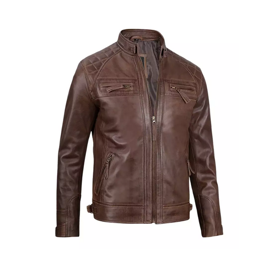 Mens Chocolate Brown Cafe Racer Quilted Leather Jacket