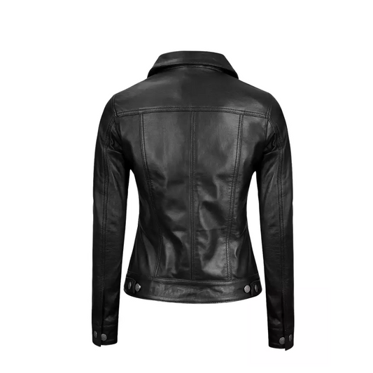 Women Black Leather Trucker Jacket