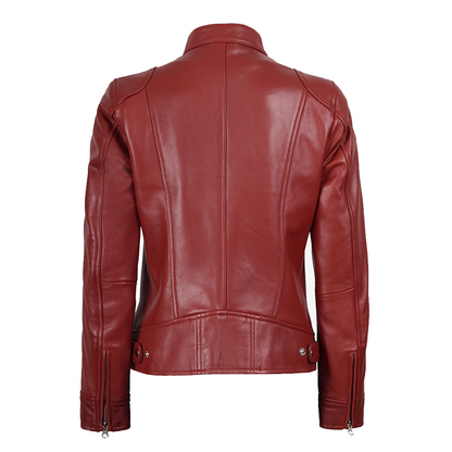 Womens Real Leather Red Biker Style Jacket