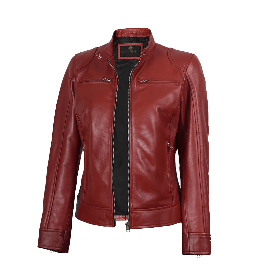 Womens Real Leather Red Biker Style Jacket