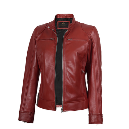 Womens Real Leather Red Biker Style Jacket