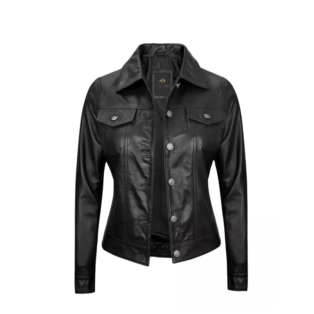 Women Black Leather Trucker Jacket