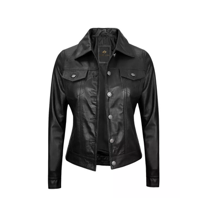 Women Black Leather Trucker Jacket