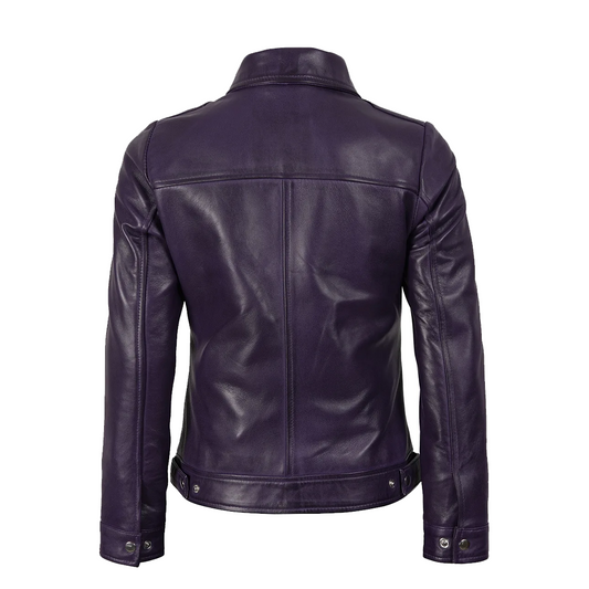 Womens Shirt Collar Purple Leather Jacket