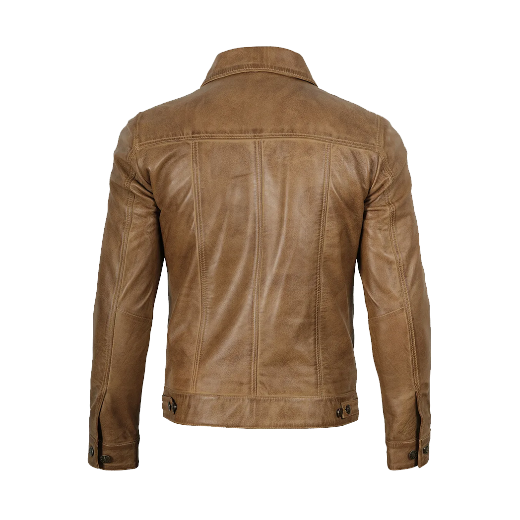 Men’s Camel Brown Trucker Leather Jacket