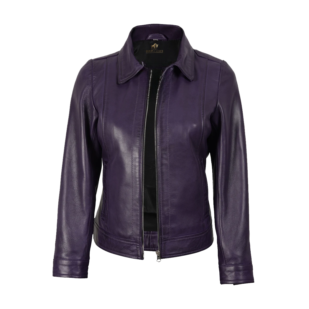 Womens Shirt Collar Purple Leather Jacket