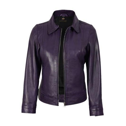 Womens Shirt Collar Purple Leather Jacket