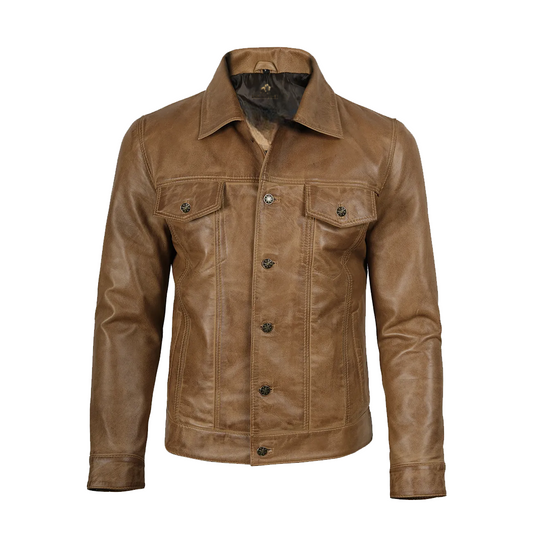 Men’s Camel Brown Trucker Leather Jacket