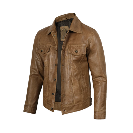 Men’s Camel Brown Trucker Leather Jacket