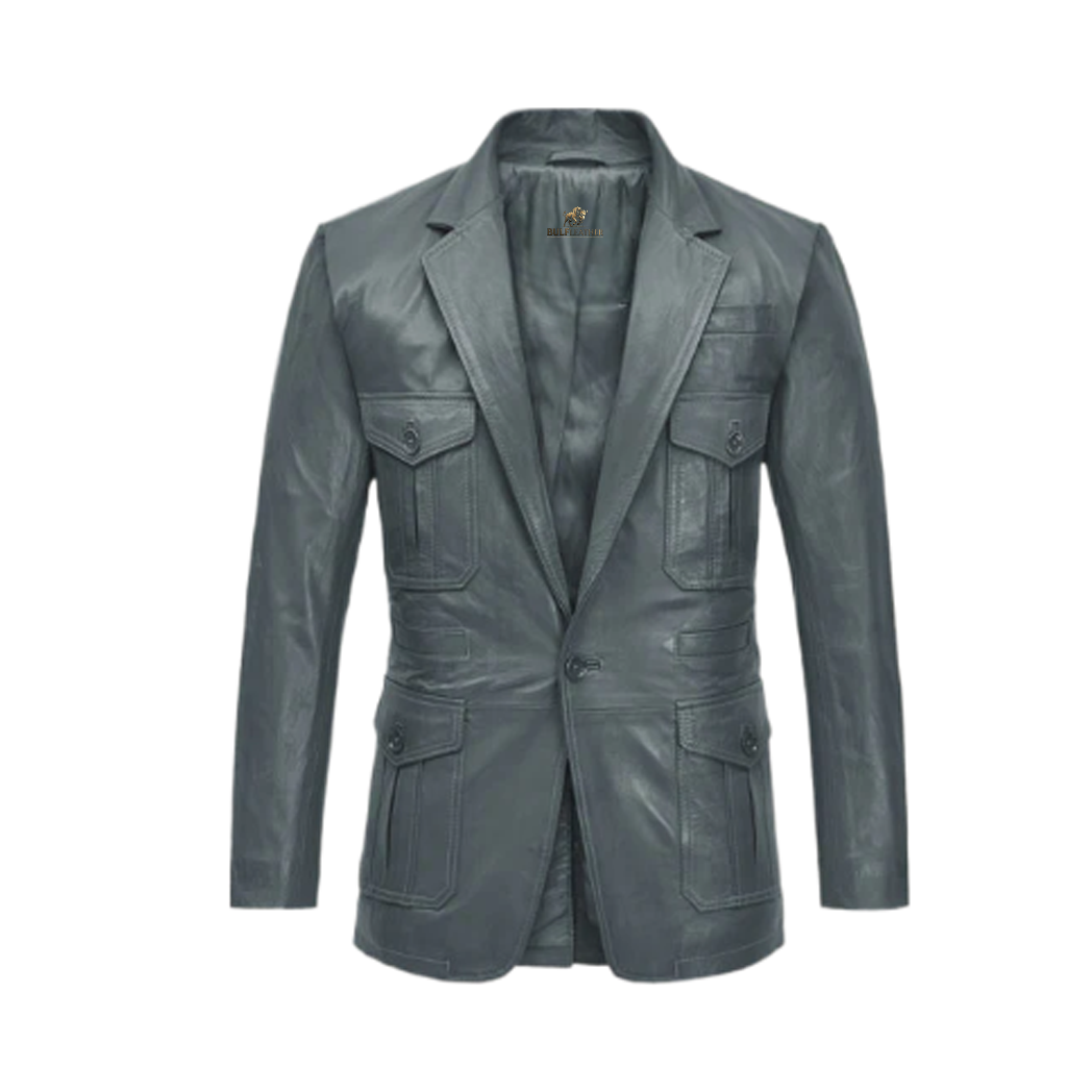Mens Gray Sherpa Wax Leather Blazer