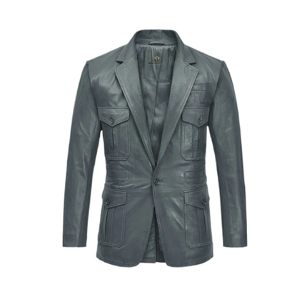 Mens Gray Sherpa Wax Leather Blazer