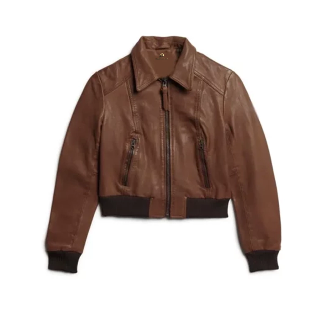 Women Leather Short Bomber Jacket