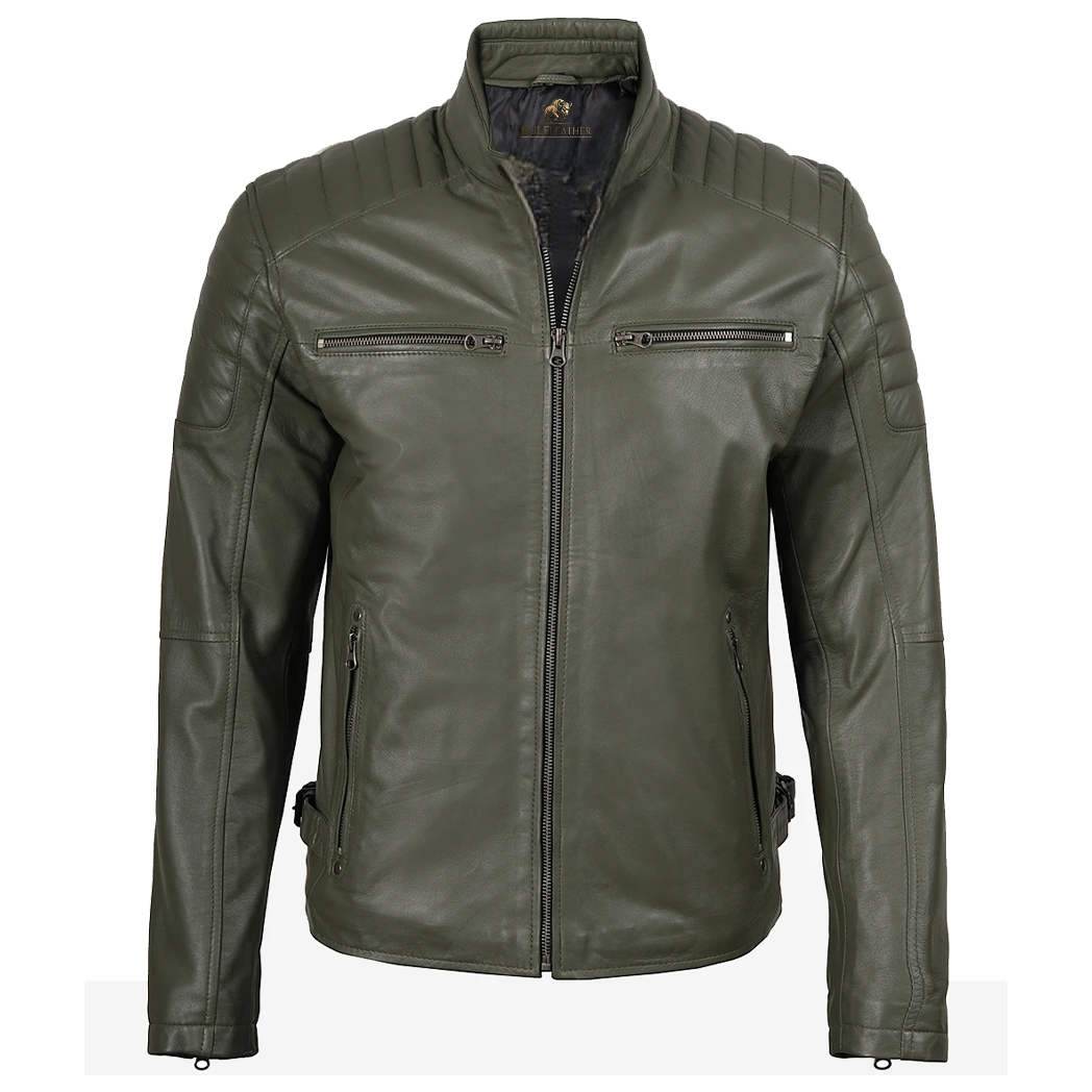Mens Olive Green Biker Style Leather Jacket