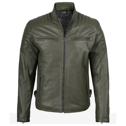 Mens Olive Green Biker Style Leather Jacket