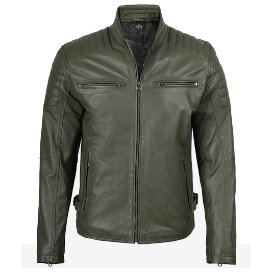 Mens Olive Green Biker Style Leather Jacket