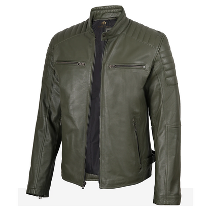 Mens Olive Green Biker Style Leather Jacket
