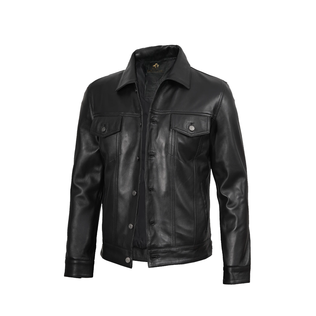 Men Fernando Black Leather Trucker Jacket