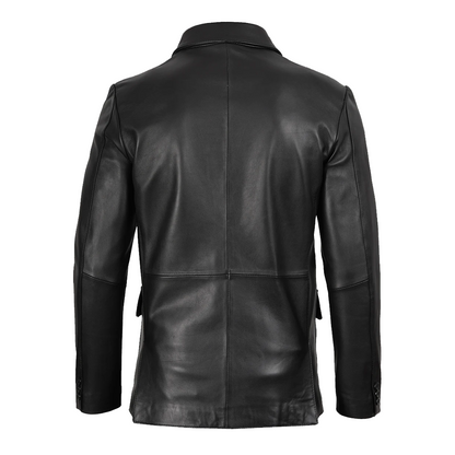 Mens Notch Lapel Three Button Black Leather Blazer