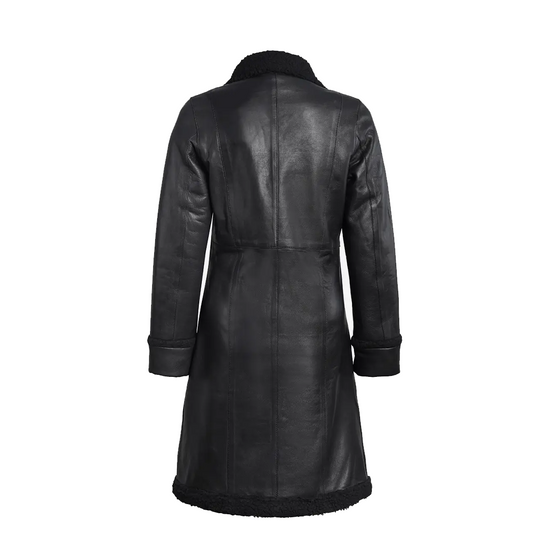 Women’s Real Leather 3/4 Length Black Shearling Coat