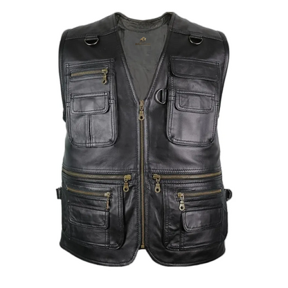 Men’s Black V-Neck Hunting Leather Vest