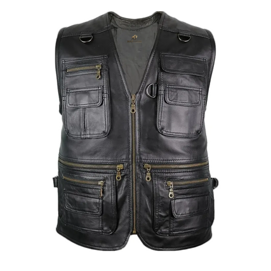Men’s Black V-Neck Hunting Leather Vest
