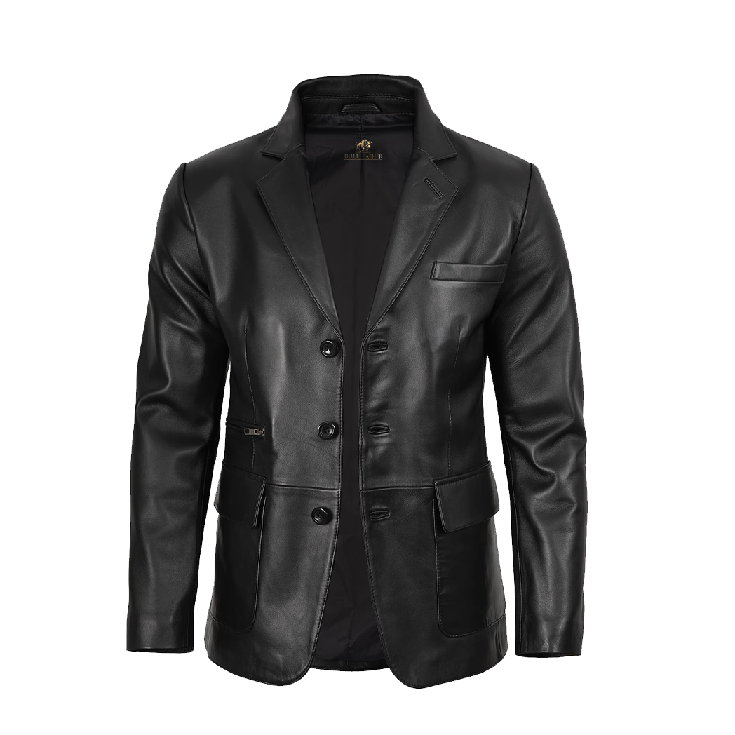 Mens Notch Lapel Three Button Black Leather Blazer