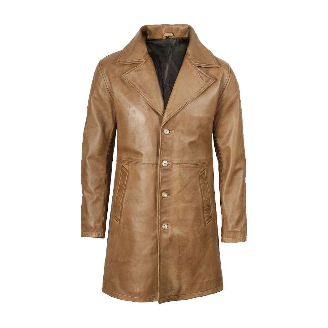 Mens Real 3/4 Length Camel Brown Leather Coat