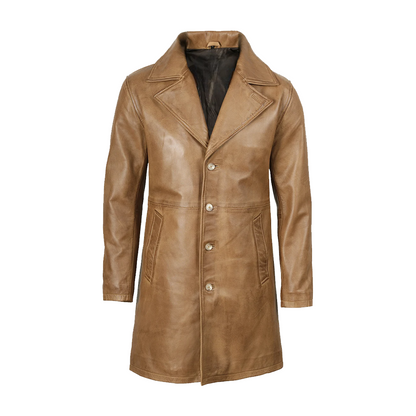 Mens Real 3/4 Length Camel Brown Leather Coat