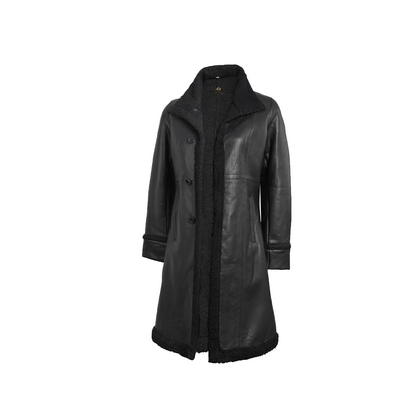 Women’s Real Leather 3/4 Length Black Shearling Coat