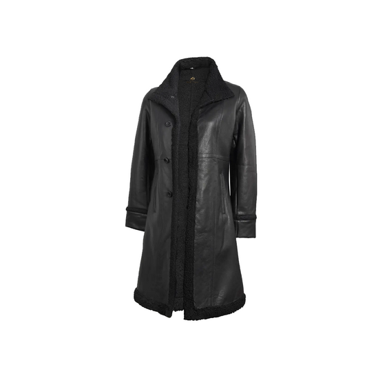 Women’s Real Leather 3/4 Length Black Shearling Coat