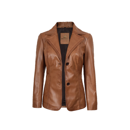 Womens Notch Lapel Two Button Tan Leather Blazer