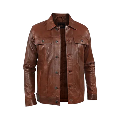 Mens Brown Shiny Stylish Collar Style Leather Jacket