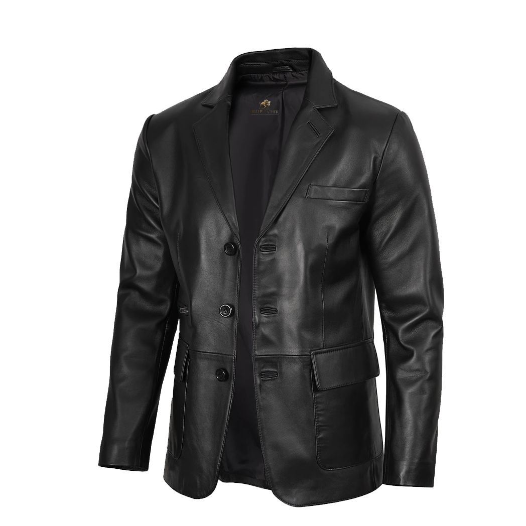 Mens Notch Lapel Three Button Black Leather Blazer