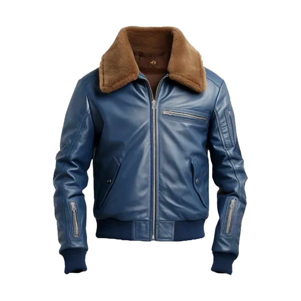 Men Blue Flight Bomber Leather Jacket
