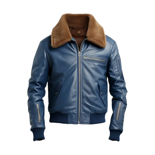 Men Blue Flight Bomber Leather Jacket