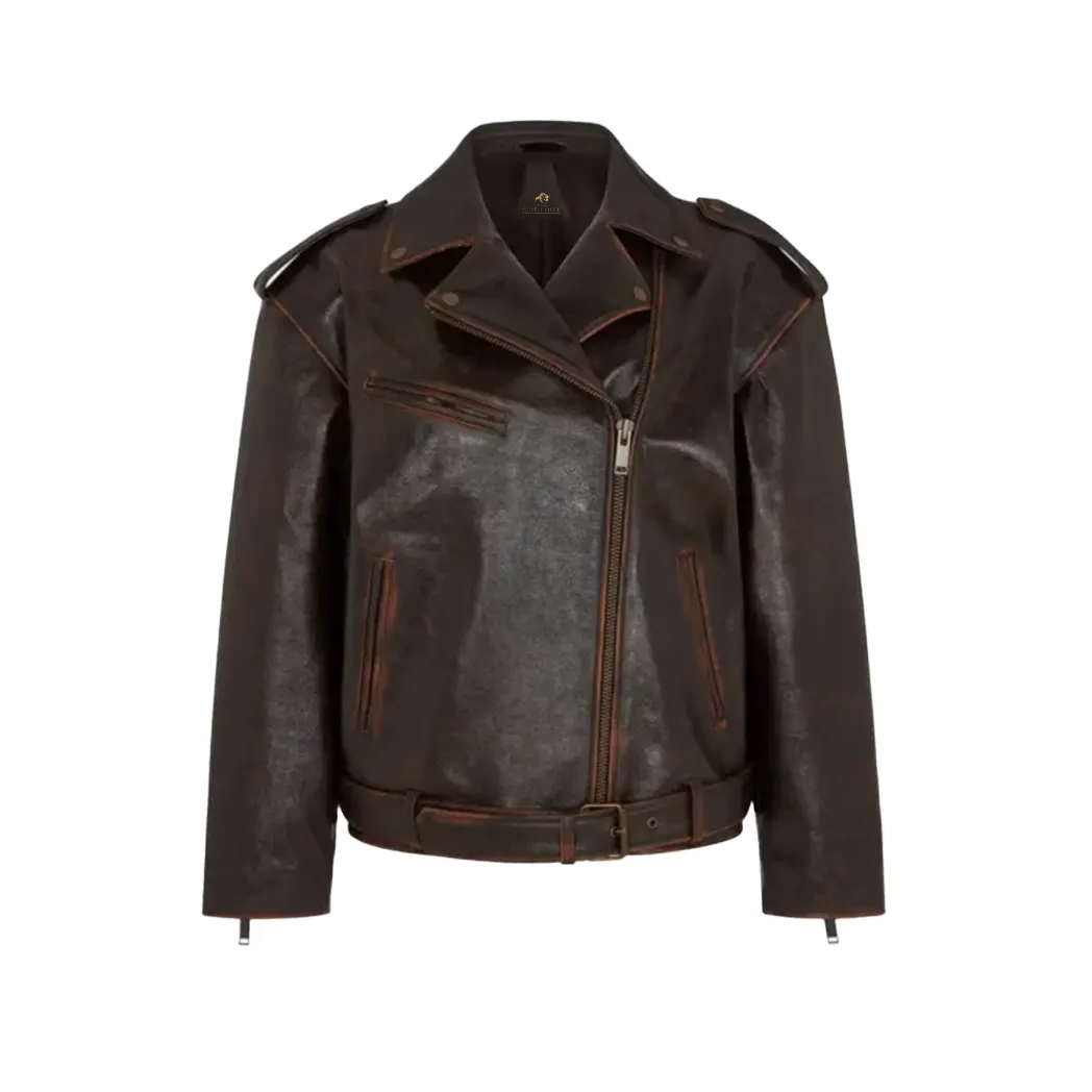 Women Distressed Leather Biker Jacket