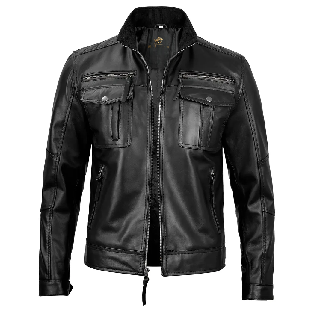 Mens Black Leather Style Cafe Racer Jacket
