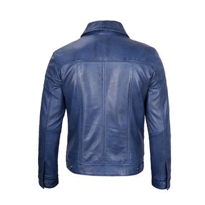 Men’s Blue Leather Trucker Jacket