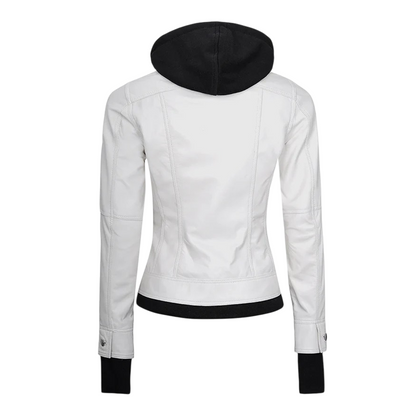 Women’s Hood Removable White Leather Jacket