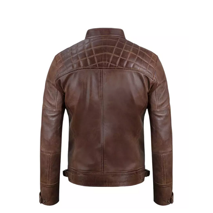 Mens Chocolate Brown Cafe Racer Quilted Leather Jacket