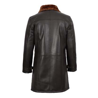 Mens Real Leather 3/4 Length Dark Brown Shearling Coat