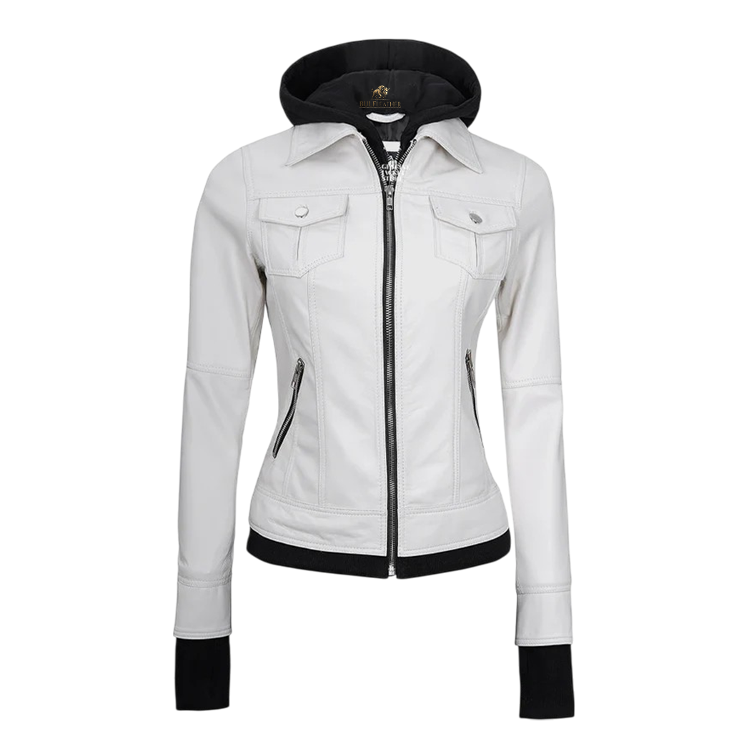 Women’s Hood Removable White Leather Jacket