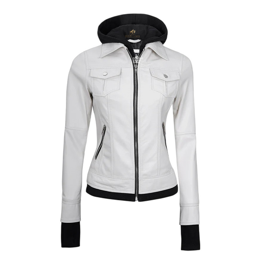 Women’s Hood Removable White Leather Jacket