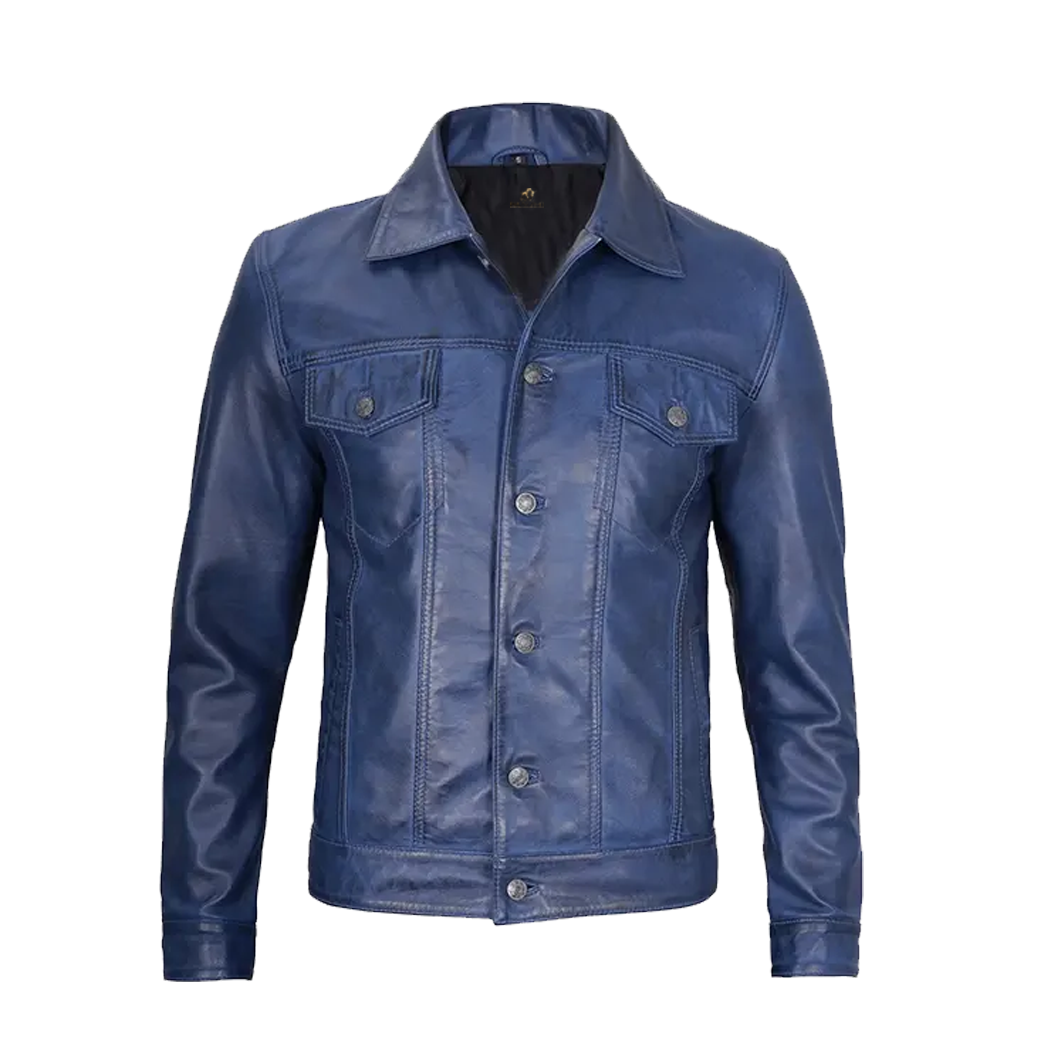 Men’s Blue Leather Trucker Jacket