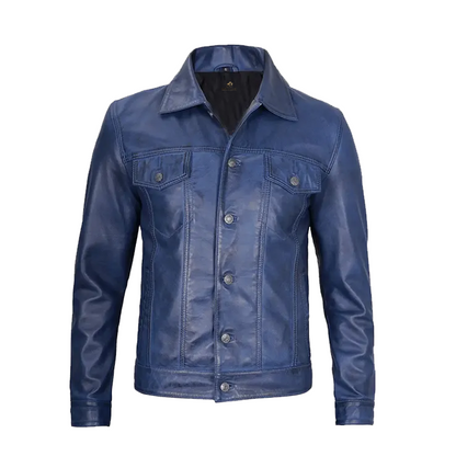 Men’s Blue Leather Trucker Jacket
